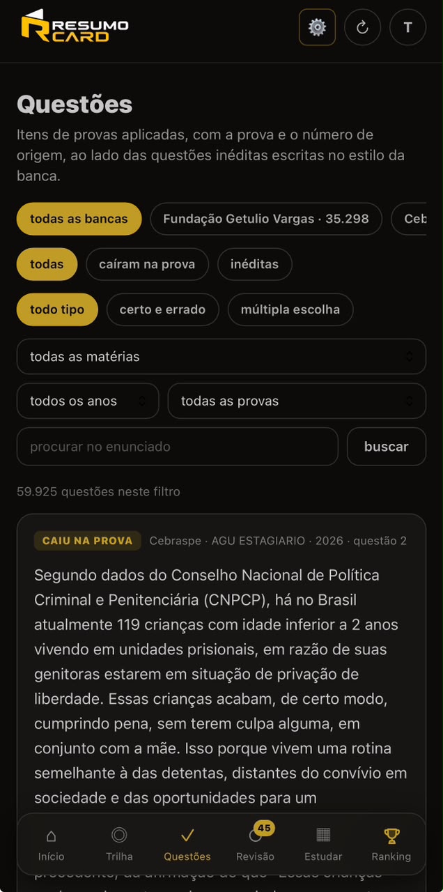 Aba de questões com filtro por banca, prova e matéria