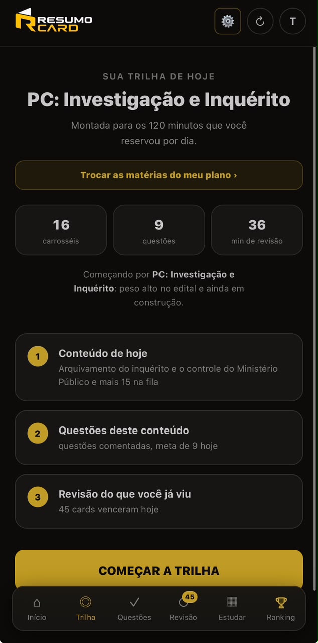 Trilha do dia com conteúdo, questões e revisão